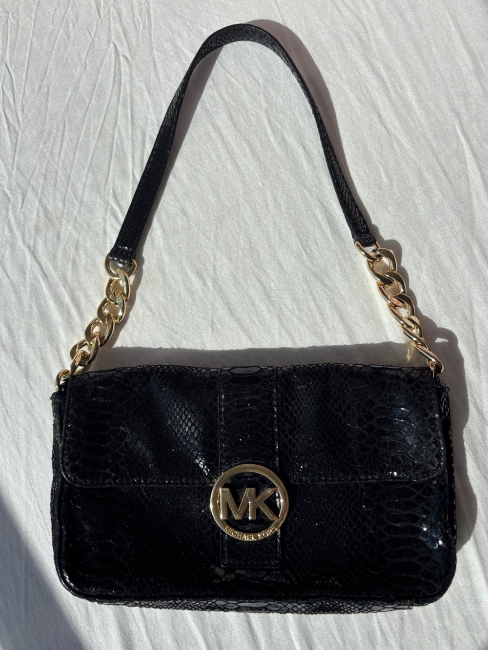 Michael Kors Black MK Logo Snake-Skin Shoulder Bag